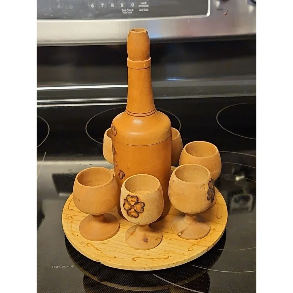 Vintage Burnt Wooden Pyrography Folk Art Decanter w\ Small Platter and 6 Goblets